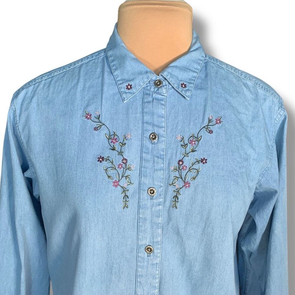Vintage 90s Embroidered Chambray Denim Shirt Button Down Floral Long Sleeve